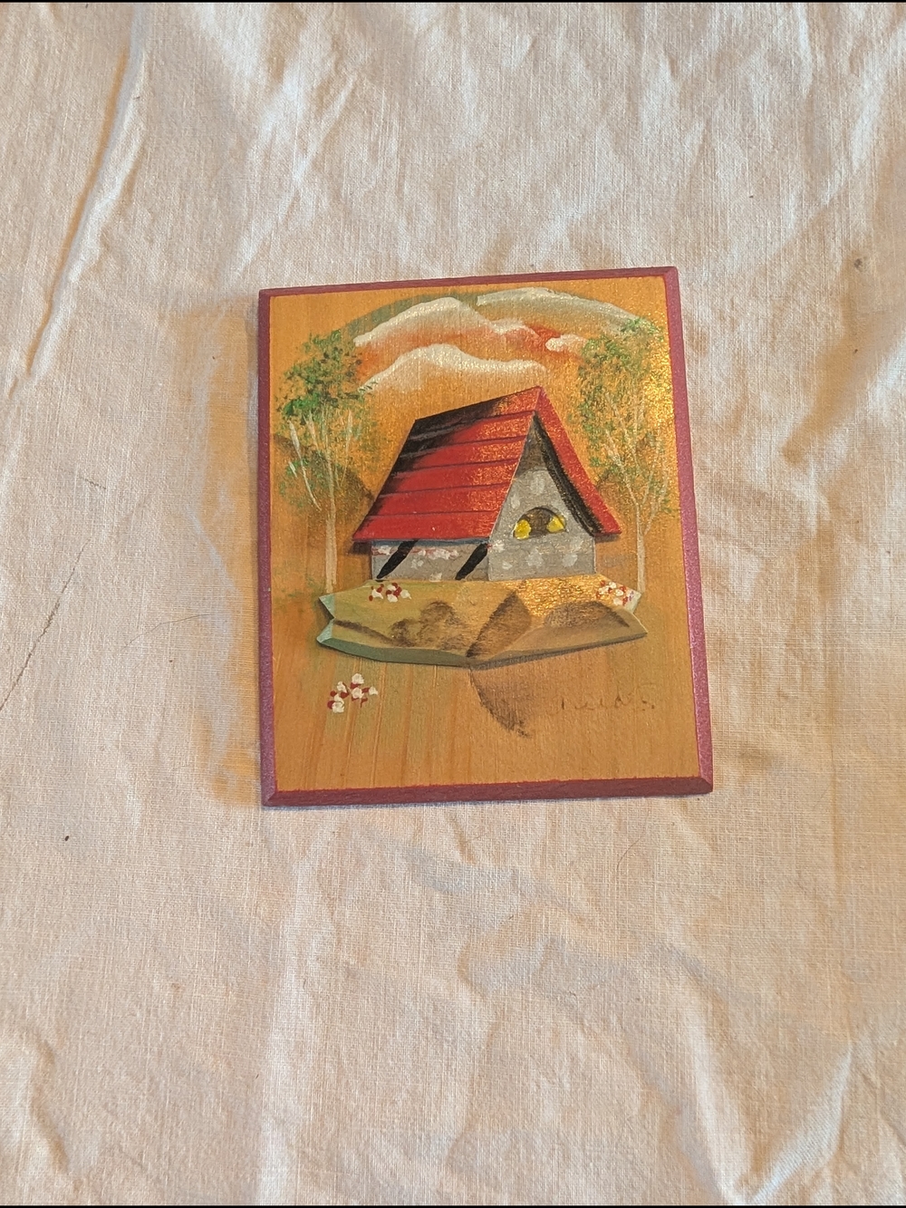 2/16$ Hand-Painted Cottage Home Art Painting in Red and Yellow